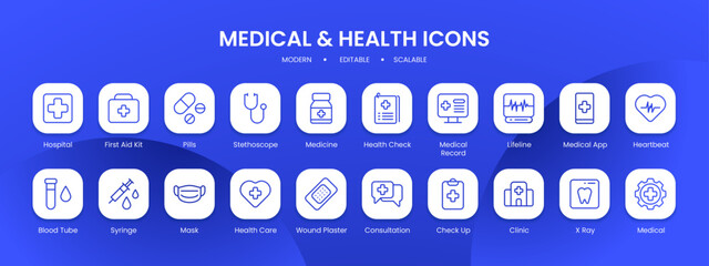 Medical and health icon collection with black filled line outline style. health, set, medical, collection, symbol, medicine, flat. Vector Illustration