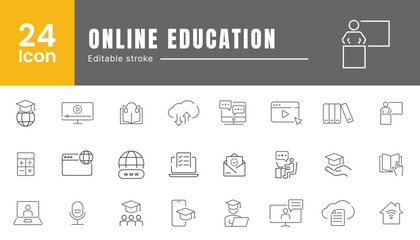 Set of web icons in line style. Online education icons for web and mobile app. Diploma, education, library, student, book, certificate, course, etc.