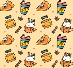 Cute Pumpkin Spice Cartoon Doodle Seamless Pattern Background