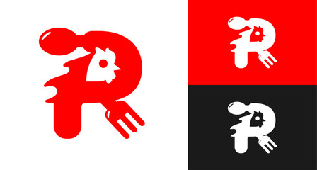logo food initial R with chicken silhouette and cutlery with red and black color, suitable for restaurant business with processed chicken © Gayuhdesu