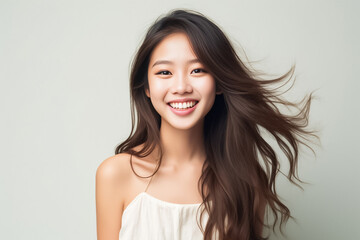 Naklejka premium Close-up portrait of woman nice attractive lovely pretty cheerful cheery glad wavy-haired girl folded arms isolated over nude pastel color background. Generative AI.