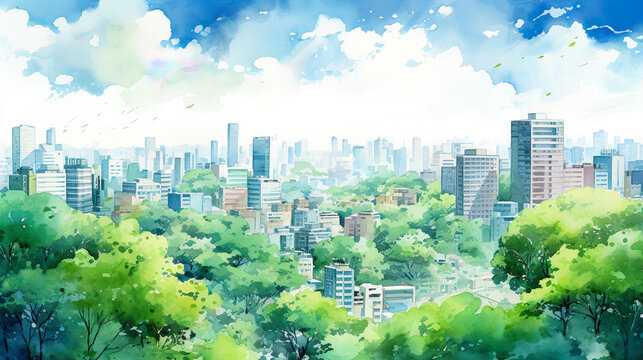 緑豊かな街の風景の水彩イラスト