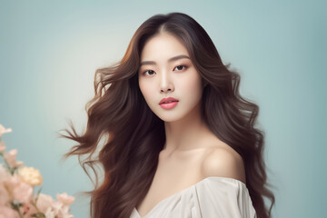 Naklejka premium Close-up portrait of woman nice attractive lovely pretty cheerful cheery glad wavy-haired girl folded arms isolated over nude pastel color background. Generative AI.