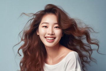 Fototapeta premium Close-up portrait of woman nice attractive lovely pretty cheerful cheery glad wavy-haired girl folded arms isolated over nude pastel color background. Generative AI.