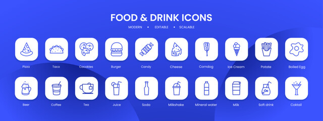 Food and drink icon collection with black filled outline style. food, drink, set, collection, coffee, restaurant, meal. Vector illustration