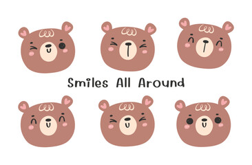 Cute Happy Bear Faces Emoji Cartoon characters. Hand-Drawn Doodle Illustration. Perfect for kids' art and animal lovers, greeting card, shirt printable.