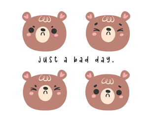 Group of Cute Sad Bear Faces Cartoon characters. Hand-Drawn Doodle Illustration. Perfect for kids' art and animal lovers, greeting card, shirt printable.