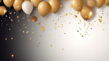balloons Gold,white,silver,black  and falling foil confetti on black background for writing space.Generative AI