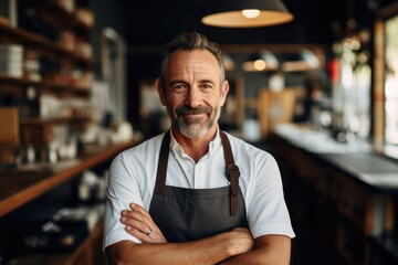 Smiling portrait of a happy middle aged caucasian small busness and restaurant owner in his restaurant