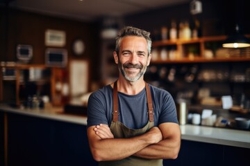 Smiling portrait of a happy middle aged caucasian small busness and restaurant owner in his restaurant