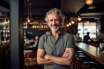 Smiling portrait of a happy middle aged caucasian small busness and restaurant owner in his restaurant