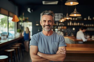 Obraz premium Smiling portrait of a happy middle aged caucasian small busness and restaurant owner in his restaurant