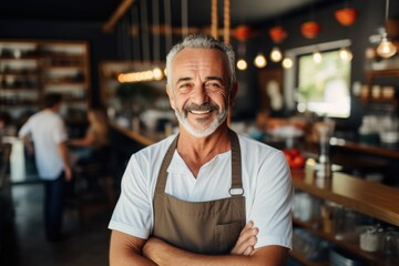 Fototapeta premium Smiling portrait of a happy middle aged caucasian small busness and restaurant owner in his restaurant