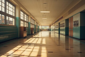 Empty interior of an elementary school hallway with lockers and classrooms
