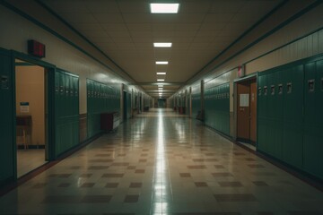 Obraz premium Empty interior of an elementary school hallway with lockers and classrooms