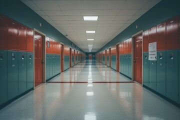 Empty interior of a high school hallway with lockers and classrooms