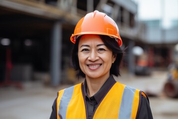 Smiling portrait of a happy asian architect or developer working on a construction site