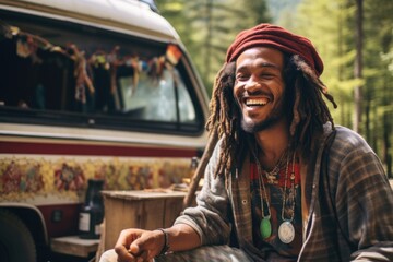 Young happy african american hipster rasta man living in a van