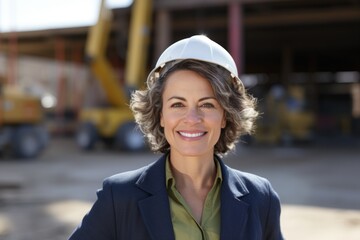 Smiling portrait of a happy female caucasian architect or developer working on a construction site