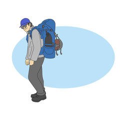 full length of man with backpack on blue copy space illustration vector hand drawn isolated on white background