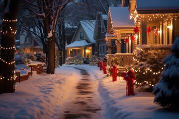 Houses in the suburbs during winter and snow decorated for christmas and the new year holidays