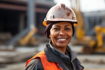 Smiling portrait of a happy female african american developer or architect with a hard hat on a construction site