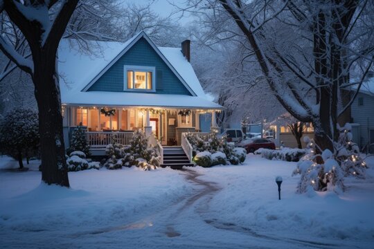 Houses In The Suburbs During Winter And Snow Decorated For Christmas And The New Year Holidays