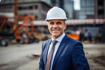 Smiling portrait of a happy male british developer or architect working on a construction site