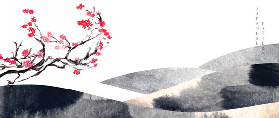 Art landscape background with black and white texture vector. Japanese mountain pattern with cherry blossom branch flower in oriental style.