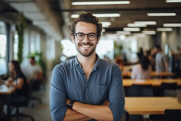 Smiling portrait of a happy young caucasian man working for a modern startup company in a business office