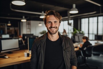 Fototapeta premium Smiling portrait of a happy young caucasian man working for a modern startup company in a business office