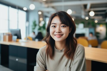 Fototapeta premium Smiling portrait of a happy korean woman working for a modern startup company in a business office