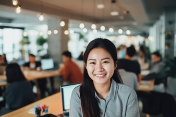Fototapeta premium Smiling portrait of a happy korean woman working for a modern startup company in a business office