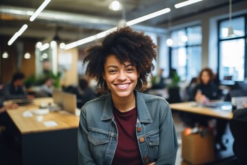Smiling portrait of a happy young african american businesswoman working in a startup company office - obrazy, fototapety, plakaty