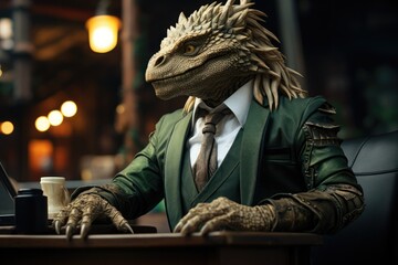 Green anthropomorphic dragon dressed in suit working on laptop in office