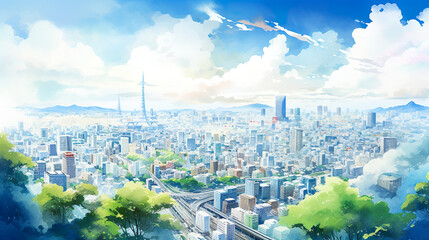 地方都市の風景のイメージ水彩イラスト
