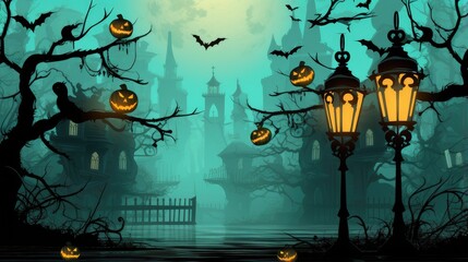 halloween pumpkins and castle under the moonlight. dark night forest full moon. silhouette halloween abstract background.