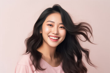 Naklejka premium Close-up portrait of woman nice attractive lovely pretty cheerful cheery glad wavy-haired girl folded arms isolated over nude pastel color background. Generative AI.