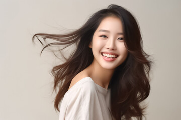 Fototapeta premium Close-up portrait of woman nice attractive lovely pretty cheerful cheery glad wavy-haired girl folded arms isolated over nude pastel color background. Generative AI.