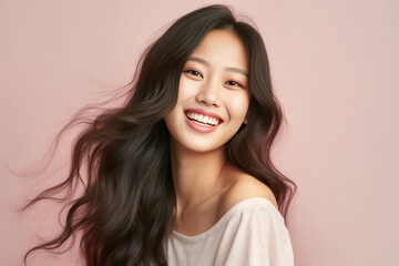 Fototapeta premium Close-up portrait of woman nice attractive lovely pretty cheerful cheery glad wavy-haired girl folded arms isolated over nude pastel color background. Generative AI.