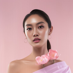 Naklejka premium Close-up portrait of woman nice attractive lovely pretty cheerful cheery glad wavy-haired girl folded arms isolated over nude pastel color background. Generative AI.