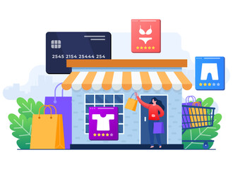 Women buy dress from clothing store flat illustration, Purchase, Clothes, Shopping bags, Credit cards, Shopping cart, Shopping concept flat illustration for landing page, web design, infographic