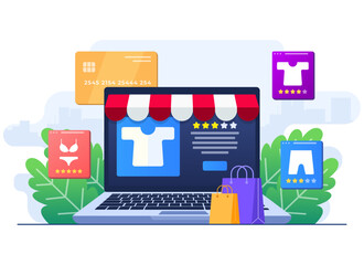 Buy clothes from online clothing store, Online shopping, Order online, e-commerce website, Digital or Virtual marketplace, Internet store flat illustration for landing page, web design, infographic