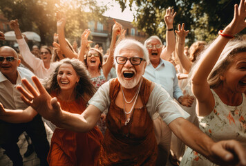 many happy old people in glasses were dancing around, happy retired life concept