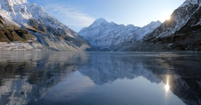 Aoraki Mount Cook reflected in alpine lake New Zealand winter 4K cinematic travel footage
