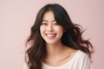 Fototapeta premium Close-up portrait of woman nice attractive lovely pretty cheerful cheery glad wavy-haired girl folded arms isolated over nude pastel color background. Generative AI.