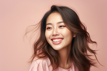 Naklejka premium Close-up portrait of woman nice attractive lovely pretty cheerful cheery glad wavy-haired girl folded arms isolated over nude pastel color background. Generative AI.
