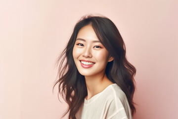 Obraz premium Close-up portrait of woman nice attractive lovely pretty cheerful cheery glad wavy-haired girl folded arms isolated over nude pastel color background. Generative AI.