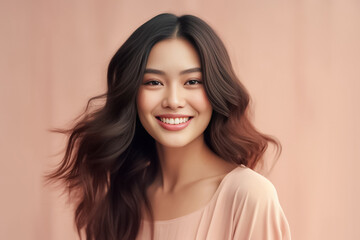 Naklejka premium Close-up portrait of woman nice attractive lovely pretty cheerful cheery glad wavy-haired girl folded arms isolated over nude pastel color background. Generative AI.