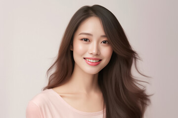 Naklejka premium Close-up portrait of woman nice attractive lovely pretty cheerful cheery glad wavy-haired girl folded arms isolated over nude pastel color background. Generative AI.